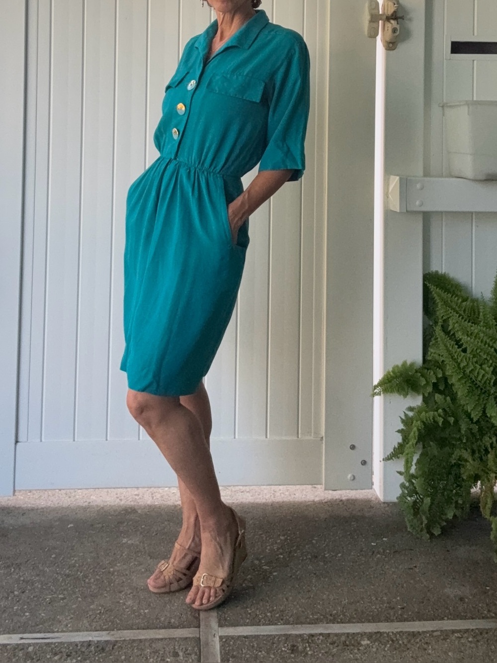 Vintage 1990s Yves Saint Laurent Rive Gauche Teal Linen Shirtdress pockets M